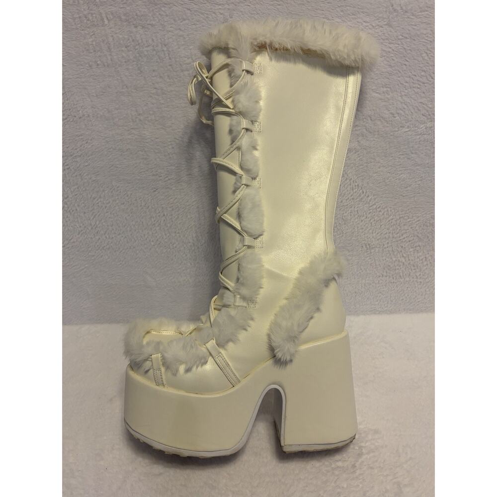 Demonia White Knee High Camel 311 Vegan Leather Faux Fur Boots Women’s Size 10 - Picture 5 of 15